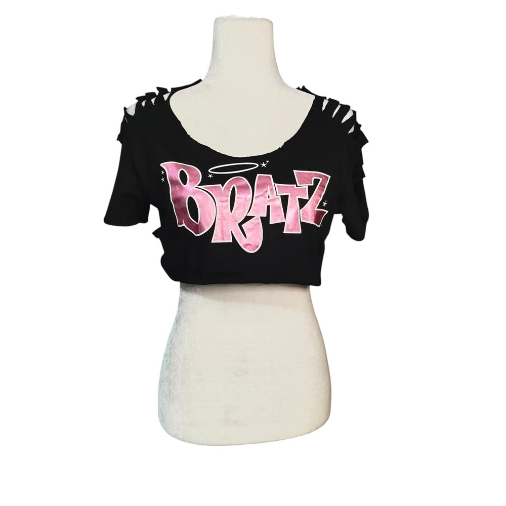Bratz Graphic Crop Top Black Soot Pink Metallic Logo Shredded Shoulder Small